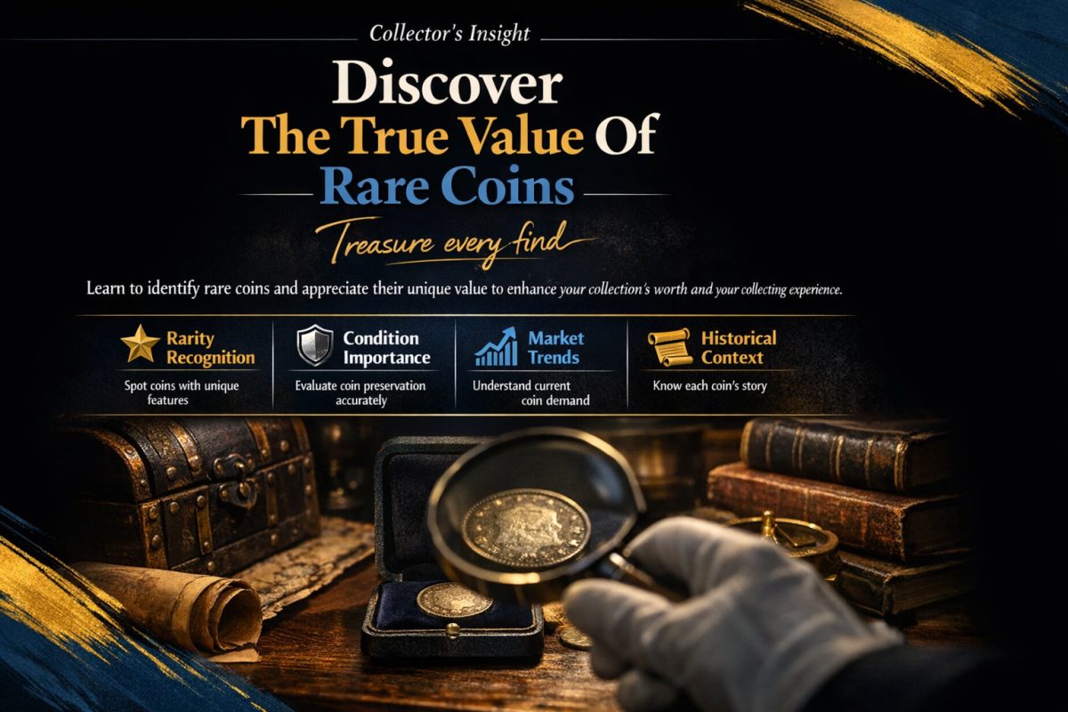 Dimly lit antique desk with a partially obscured rare coin beside a magnifying glass, evoking discovery and study