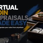 Image alt text suggestion: A dimly lit desk with a laptop open to a video call showing a coin expert examining a rare coin, with a collector's hands holding the coin under soft lighting
