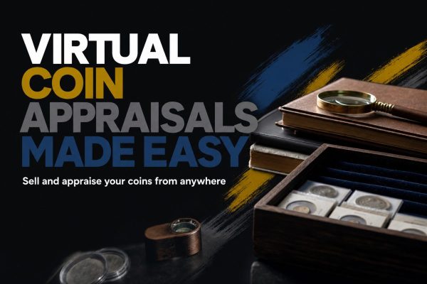 Image alt text suggestion: A dimly lit desk with a laptop open to a video call showing a coin expert examining a rare coin, with a collector's hands holding the coin under soft lighting