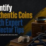 A collector's desk with a magnifying glass, digital calipers, and a partially obscured vintage coin resting on a velvet-lined case.