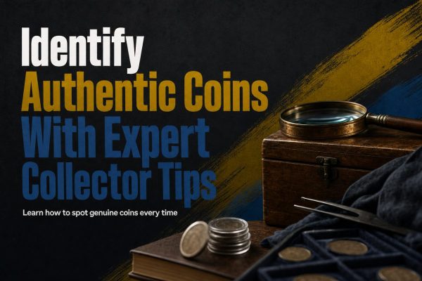 A collector's desk with a magnifying glass, digital calipers, and a partially obscured vintage coin resting on a velvet-lined case.
