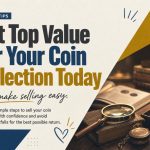 A vintage wooden desk with a softly lit magnifying glass and several coins partially visible under a velvet cloth, evoking the careful study and appraisal process of a collector
