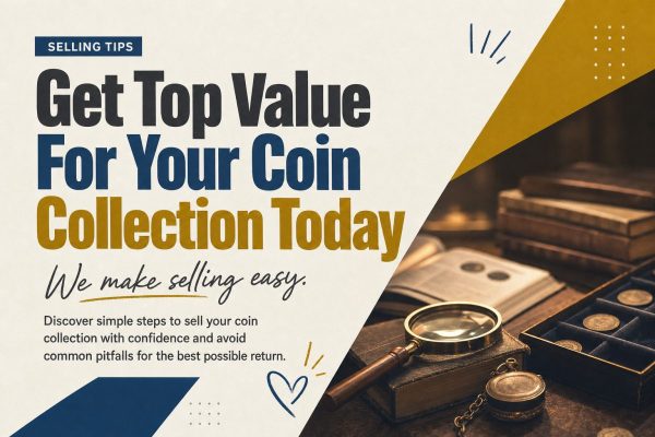 A vintage wooden desk with a softly lit magnifying glass and several coins partially visible under a velvet cloth, evoking the careful study and appraisal process of a collector
