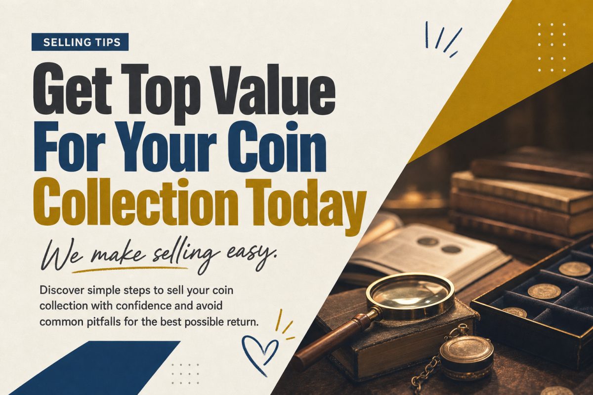 A vintage wooden desk with a softly lit magnifying glass and several coins partially visible under a velvet cloth, evoking the careful study and appraisal process of a collector