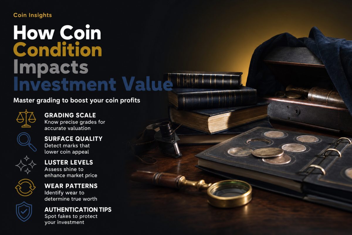 Historic coin partially visible on a velvet-lined collector's tray, bathed in soft dramatic light